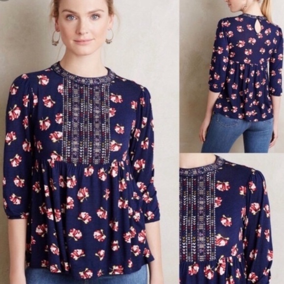 Anthropologie Tops - Anthropologie embroidered navy floral blouse med